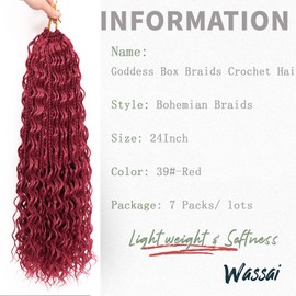 Wassai 24 Pulgadas 7 Pack Goddess Box Trenzas Borgoña Bohemio Crochet Boho Box Trenzas Con Extremos Rizados Trenzas De Crochet Pre-Bucle Cabello Para Mujer Trenzado Sintético Cabello 39