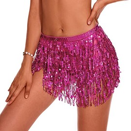 Zando Glitter Sparkle Festival Clothing for Women Belly Dance Hip Wrap Skirt Sequin Fringe Skirts Rave Disco Cowgirl Outfit Tassel Performance Clothes for Girl Red Skirt Rose Red One Size
