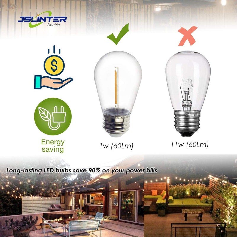 Jslinter S14 1W Outdoor String Lights Bulbs LED, Shatterproof &