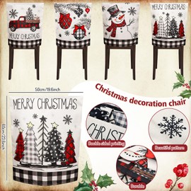 JarThenaAMCS 4Pcs Christmas Chair Back Cover Black White Plaid Xmas Tree Snowman Truck Seat Covers Dining Chair Slipcover Protector for Holiday Home Kitchen Decor