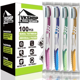 VKshop 100 Bulk Travel Toothbrushes, Portable Individually Wrapped Toothbrush for Adult Children, Disposable Soft Bristle Manual Toothbrush Set (4 Colors)