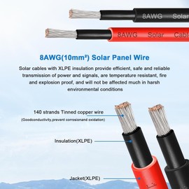 8AWG Solar Panel Wire 10mm², 2 Pack 50FT Red & Black Solar Extension Cable, PV Wire with Tinned Copper, Sunlight & UV Resistant, for Solar Panel, RV, Inverter, Battery, Off-Grid Systems