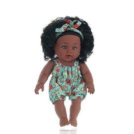 12 Inch African American Baby Doll with Black Skin, Curly Hair, Headband & Romper - Lifelike Soft Body for Hugging and Play