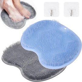 Foot Scrubber for Shower, 2 PCS Gray Blue Shower Foot Scrubber Mat with 2 Hooks, Shower Foot Scrubber with Non-Slip Suction Cups, for Foot Body Cleaning Exfoliation Massages Relieving Tired Feet