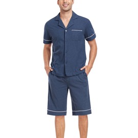COLORFULLEAF Men's 100% Cotton Short Sleeve Pajama Sets Button Down Notched Collar Sleepwear Soft Lounge Pjs with Pockets (Heather Navy, L)