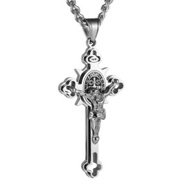 HZMAN St Benedict Stainless Steel Pendant Necklace for Men Women Retro Religious Christian Faith Cross Necklace, Stainless Steel, No Gemstone