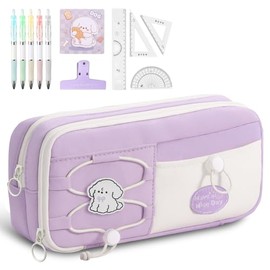 Estuche para lápices de gran capacidad con 7 compartimentos,1 Estuche para Lapices + Regla, Notas Adhesivas,BolíGrafo Y Clip,Estuche con Cordón de Gran Capacidad, Morado,Resistente Al Agua，Lienzo