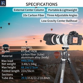 Carbon Fiber Tripod-INNOREL KT284C Professional Travel Tripod for DSLR Camera Heavy Duty Stand with 1.1in/29mm Tube Low Gravity Center 360°Panoramic ballhead Max Load 44lbs/20kg Short Center Column