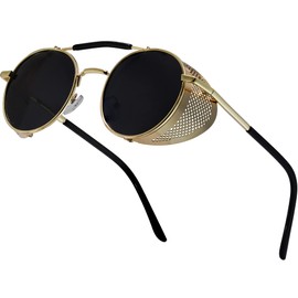 XFentech Unisex Sunglasses - Steampunk Style Round Vintage Polarised Sunglasses Retro Glasses UV400 Protection Metal Frame, A1 Gold Frame - Black Lenses