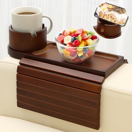 aisongdong Couch Cup Holder, Bamboo Couch Arm Tray with 360° Rotating Cup Holder,Foldable Anti-Slip Sofa Arm Chair Tray for Eating Snack Drink Side Table