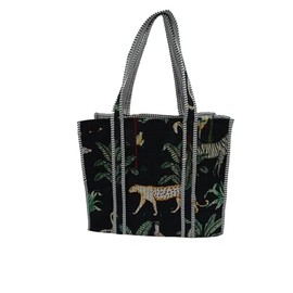 Mango Paisley Quilted Large Cotton Fabric Tote Bag Travel Grocery Shopping Weekend Trips with Inside Pocket -Tropical Safari (Black)
