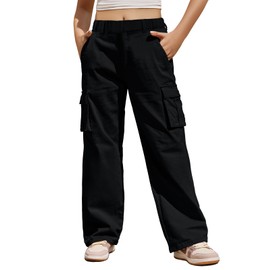 Haloumoning Girls Cargo Pants Casual Baggy Wide Leg Elastic Waist Jogger Trousers with Pockets 5-14 Years, Black, 10-12 Years