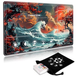 SichKards for MTG Playmat with Card Storage Bag,Non-Slip Rubber Base & Smooth Surface 24x14in,Beginner-Friendly Magic Mat for Commander Deck,Red Trees Sunset Waves
