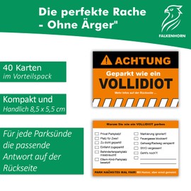 Falkenhorn 40 x Achtung! Funny Tickets for False Parkers - Ich Parke wie EIN Vollidiot - Funny Parking Tickets & Joke Items for Drivers - Weatherproof & High Quality Joke Items, Gag Gift