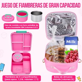 Nasjac Lonchera Bento Box para Niños Y Adulto, Caja Charolas Bento 2000ML de 4 Divisiones con Termo de Sopa, Bolsa de Almuerzo Termica para Niños Portátil con Cuchara Tenedor y Bolsa Aislante, Sin BPA