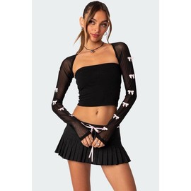 Bow Babe Sheer Mesh Shrug - Color: BLACK, Size: L