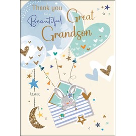 New Baby Great Grandson Thank You Card - Rabbit and Balloons - Special Finishes and Illustrated Insert Leaf - Made in the UK