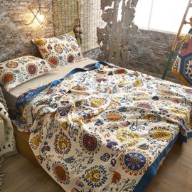 MEJU Bohemia Mandala Boho Paisley Southwest Datura Flower Throw Blanket for Bed Sofa Couch, 100% Combed Cotton 4 Layer Soft Warm Quick Dry Reversible Throw Blanket Bed Coverlet Sheet F/Q 80 in x 90 in