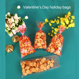 Bolsa de dulces transparente para el día de San Valentín, paquete de 100 bolsas de dulces transparentes con 100 lazos para dulces, pasteles, regalos, cumpleaños, fiestas, San Valentín, Pascua,