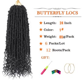 Aipin Butterfly Locs Crochet Hair With Goddess Locs Curly Ends 18 Inch Distressed Butterfly Faux Locs Synthetic Goddess Locs Butterfly Soft Locs Hair Extensions (24 Inch, 6packs,1#)