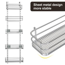 Orimade Over the Door Shower Caddy Adjustable 5 Tier Silver,Bathroom Hanging Organizer Shelf Rustproof with 4 Hooks,Shower Basket with Soap Holder and Suction Cup Bathroom, White