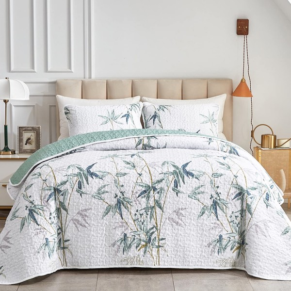 Flysheep Botanical Quilt Set 2 Pieces Twin Size, Green Leaves Printed on White Reversible Bedspread Coverlet Set, Soft Microfiber Lightweight Bed Cover for Kids (68" x 86", 1 Quilt+ 1 Pillow Sham)