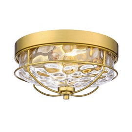 Flush Mount Ceiling Light Gold, HWH 12 Inch Ceiling Light Fixture with Water Ripple Hammered Glass, Modern 2-Light Ceiling Mount Light for Bedroom Kitchen Foyer, 5HTJ7WG-F BG