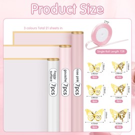 OWill 21 Sheet Flower Wrapping Paper,3 Colors Bouquet Wrapping Paper with 24 Yards Satin Ribbon,12PCS 3D Gold Butterfly Decor for Wedding DIY Craft Mother's Day Birthday Party-Pink