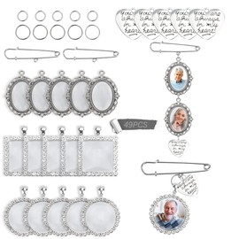 49PCS Wedding Bouquet DIY Photo Charm Oval Round Square Silver Pin Brooch Making Kit with Clear Glass Cabochons Heart Pendant Jump Rings for Craft Jewelry Making