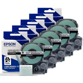 Epson LABELWORKS 224VSLPX-5PK Tape Cartridge - 5 Pack Black on White Flexible and Durable Vinyl Self Laminating Overwrap Industrial Label Maker Tape - 1" (24MM) Wide, 26.2 ft 5 Cartridges