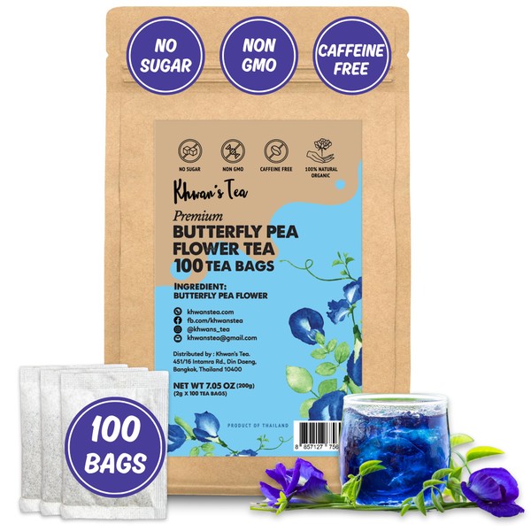KHWAN'S TEA Butterfly Pea Flower Tea Bags 2gx100 counts, Organic
