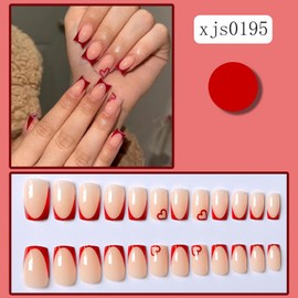 24Pcs Valentine's Day French Tips Press on Nails - Short Square Fake Nails With Red Heart Designs, Wine Red Glue-on Acrylic Full Cover False Nails for Women