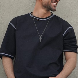 Raymard Cross Necklace for Men, 925 Sterling Silver Men Necklace, High Polished Christian Pendant, 24" Rolo Chain Religious Jewelry-Black