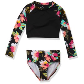 Kanu Surf Girls' Long Sleeve Rashguard UPF 50+ Two Piece Swim Set, Tropical Dance Crop Black, 8