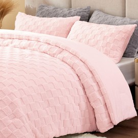 BEDELITE Fluffy Comforter Set King- Super Soft Warm Sherpa Comforter Pink, Jacquard Checkered Fleece Bedding, 3 Pieces Fuzzy Bed Set for Winter(1 Comforter, 2 Pillowcases)