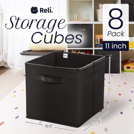 Reli. 11 Inch Cube Storage Bins (8 Pack) | Cube Organizer Bins | 11x11 Fabric Storage Boxes | Collapsible, Foldable Fabric Cubby Box (Square) | Kids Room Organization (Black)