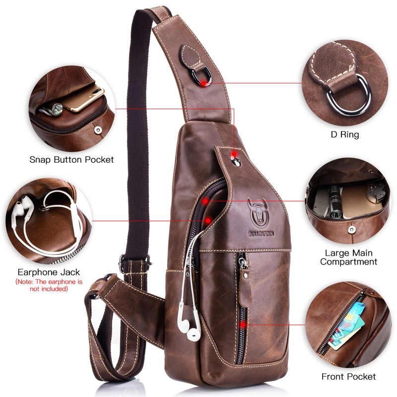 Men Leather Sling Bag Casual Shoulder Chest Crossbody Bag Hiking