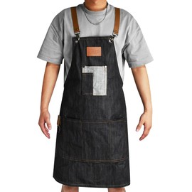 DECARETA Denim Work Apron Denim Apron Craftsman Apron with Pocket Adjustable Kitchen Apron Denim Apron for Coffee Bar Garden, Blue, as shown in the picture
