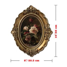 XIAOAIKA Vintage Baroque Oval Framed Canvas Art, Classic Still Life Floral Artwork with 3D Embossed Details, Antique Bronze Gold Resin Frame for Bedroom Living Room Hallway Décor, 10 x 8 Inch