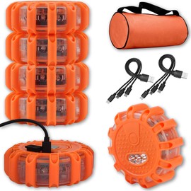 Ecoangel USB Rechargeable LED Road Flares Emergency Lights-Roadside Warning Car Safety Beacon Flashing Disc Flare Kit with Magnetic Base for Vehicles & Boat | 6 Beacon Disc Pack