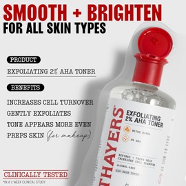 Tónico exfoliante Thayers 2% AHA con ácido glicólico, ácido láctico y hamamelis, suavizante y refinador de poros para todo tipo de piel, 12 fl oz