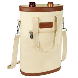 opux Two Bottle Wine Bag Carrier Tote, Insulated Leakproof 2 Bottle Wine Cooler Bag for Travel BYOB Picnic, Portable Wine Case, Gift for Men Women Wine Lover Birthday Party Christmas, Cream Beige