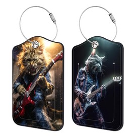 2 Pack PU Leather Luggage Tag for Suitcase Rock Cat Suitcase Tags with Privacy Name ID Label and Stainless Steel Loop for Travel Bag