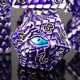 Metal Dice Set D&D,7 PCS Dragon Scale Metallic DND Dice Set,Dragon Eye Metal Dice with Grogeous Gift Case for Dungeons and Dragon Tabletop Game (Purple Dragon Scale & Blue Eye)