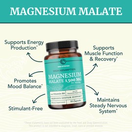 Magnesium Malate 1500MG | Energy & Nervous System Support | 300MG Elemental Mag Per Serving | High Absorption Magnesium Malate Capsules with Vitamin B6 & BioPerine | Non-GMO | 90 Ct (1 Month Supply)