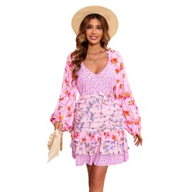 R.Vivimos Women's Summer Long Sleeve Boho Dress V Neck Floral Print Layered Ruffle Patchwork Casual Mini Sun Dress with Belt (XS, Pink)
