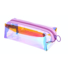 Bolsa de maquillaje holográfica transparente con diseño iridiscente para cosméticos, soporte para lápices de mujer para la escuela/bolsa transparente con cremallera para bolso o mochila (Lilac)