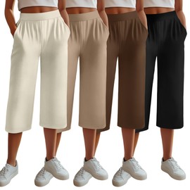 Neer 4 Pack Women's Capri Pants, Cotton Wide Leg Capris Sweatpants Lounge Loose Fit Cropped Yoga Pant with Pockets for Summer(Black, Brown, Khaki, Cream,XX-Large)