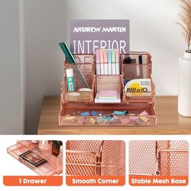 Barelove - Organizador de computadora de color oro rosa con cajón deslizante, soporte grande para lápices de malla para computadora de oficina,...    