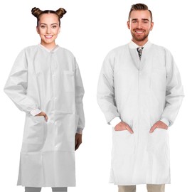 AMZ Medical Supply Disposable Lab Coats for Adults, Large. Pack of 10 White SMS Knee Length Lab Coat Disposable. 50 GSM Disposable Coats Medical. Painting Lab Coat with Cuffs, Collar, 3 Pockets